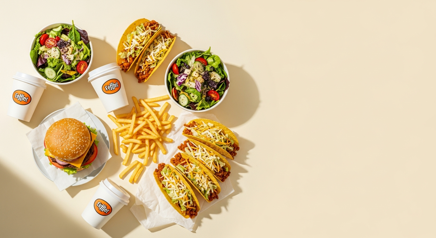A composed flat-lay of fast-food items including burgers, tacos, fries, salads, and coffee